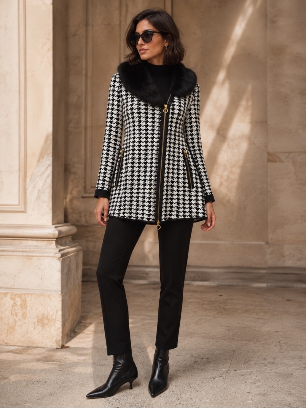 Belldini Black & White Houndstooth Sweater Coat with Removable Faux Fur Collar